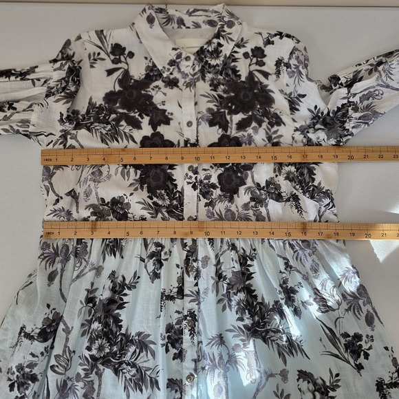 Anthropologie Floral Toile Button Down Mini Dress Blue Black Long Sleeve Size 10 - Picture 10 of 13